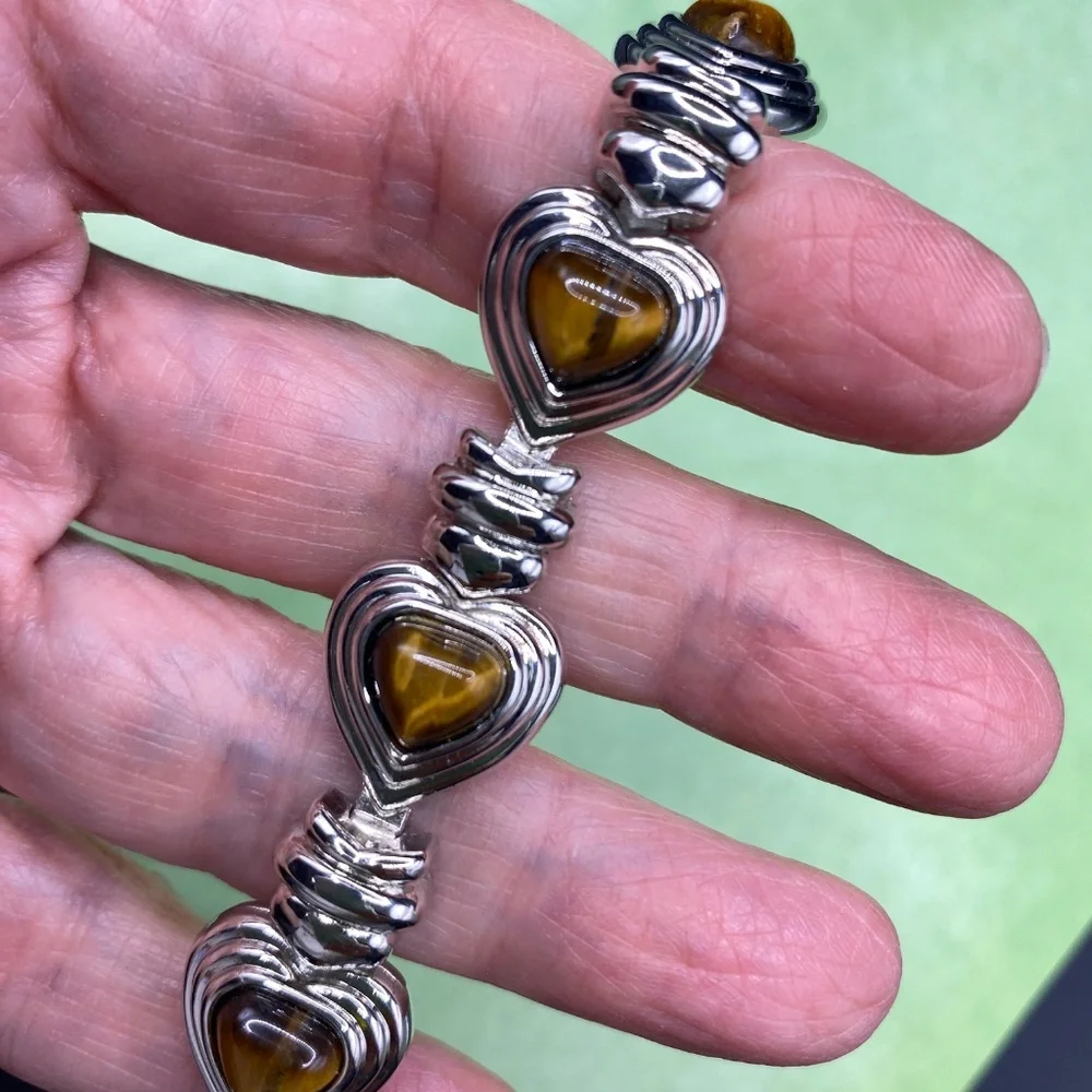 Silver Tone Heart Bracelets Pair Stretchy & Natural Tigereye